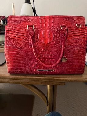 Brahmin Bright Red Croc-Embossed Tote with Gold Hardware